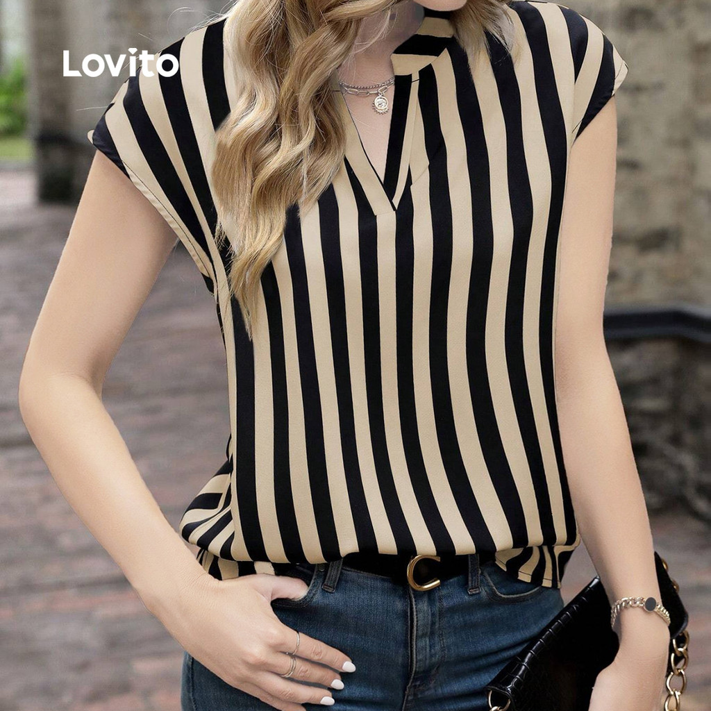 Lovito Elegante Top de ombro caído listrado com gola pequena-BLB152PBD059