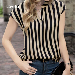 Lovito Elegante Top de ombro caído listrado com gola pequena-BLB152PBD059