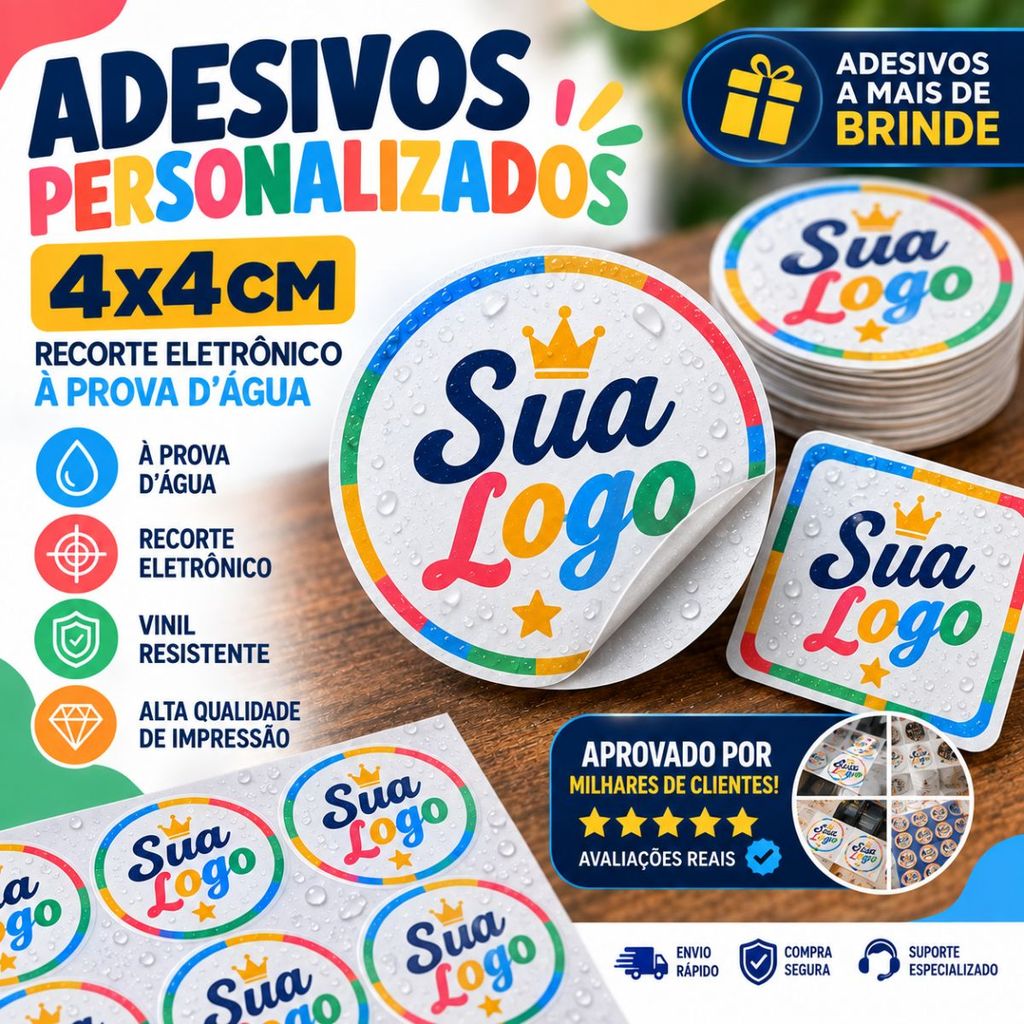 ADESIVO PERSONALIZADO 4x4 CM IMPERMEÁVEL RECORTE ELETRÔNICO LOGO DA SUA MARCA + BRINDE