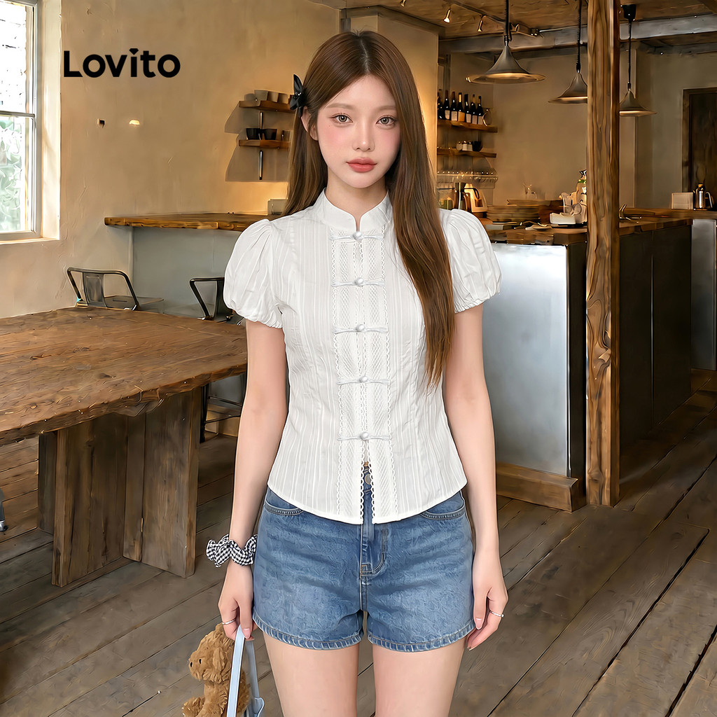 (Casual) Lovito Blusa Botão Blusa Verão/Primavera Para Mulheres L125AD369