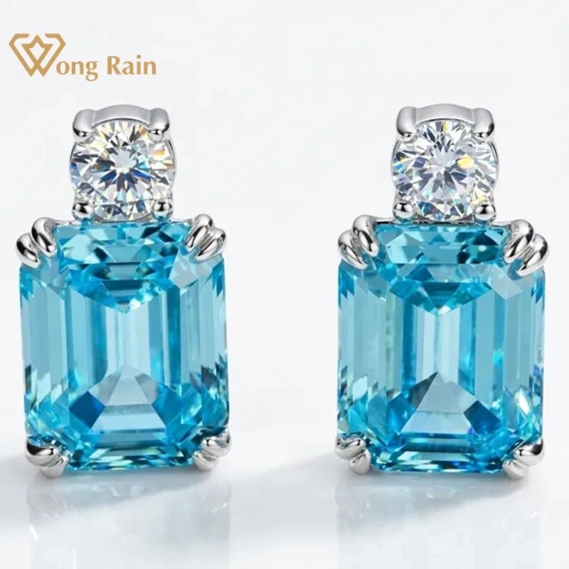 Brincos de prata esterlina 925 com safira de laboratório e diamantes de alto carbono, 8*10 mm, da marca Wong Rain, ideai