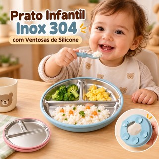 Prato Infantil Inox 304 Com Ventosas De Silicone 3 Compartimentos Sem BPA Para Refeição Do Bebê