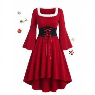 Peludo pescoço quadrado natal ano novo vestido de festa feminino rendas vestido de cintura estreita ano novo vestido ver