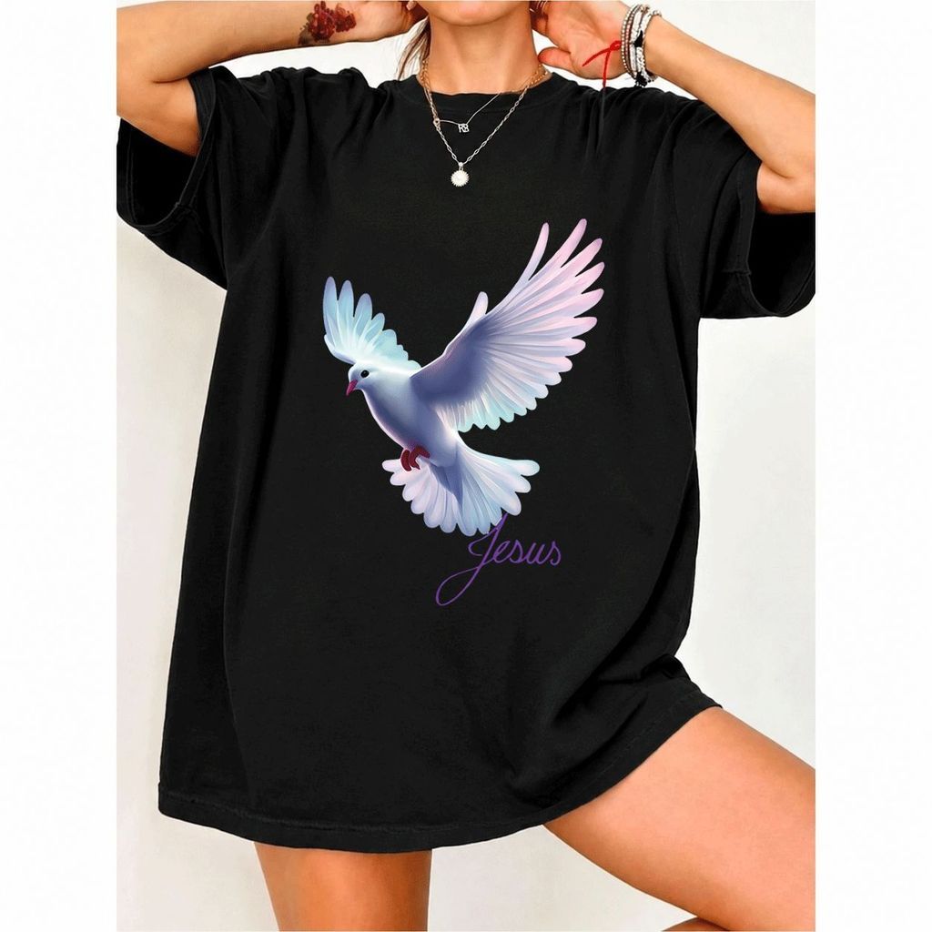 [Camiseta Premium em Algodão Puro]MIA Camiseta Feminina Oversized Streetwear com Estampa de Pomba e Jesus, 100% Algodão,