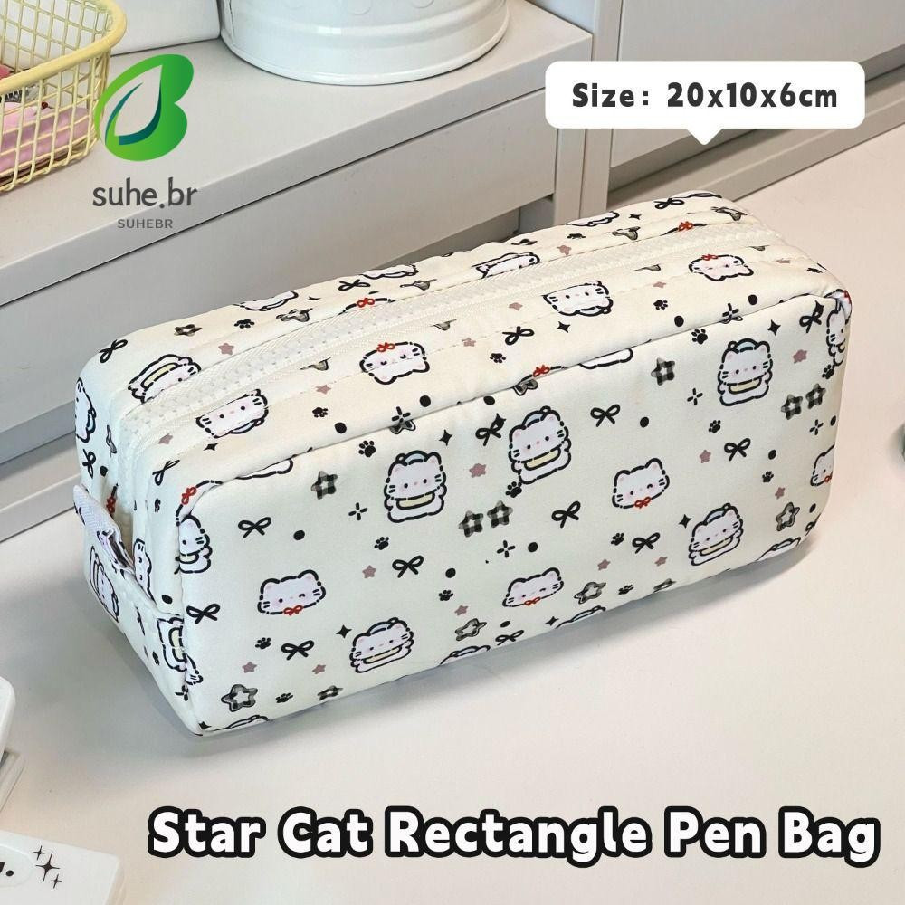 Bolsa De Caneta SFBSF , Lápis Padrão De Gato Estrela Com Design De Zíper , Organizador De Papelaria Retangular De Grande