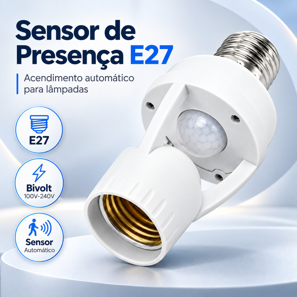 Kit Sensor de Presença para Lâmpada Soquete E27 Bivolt 110V/220V Detector de Movimento Automático