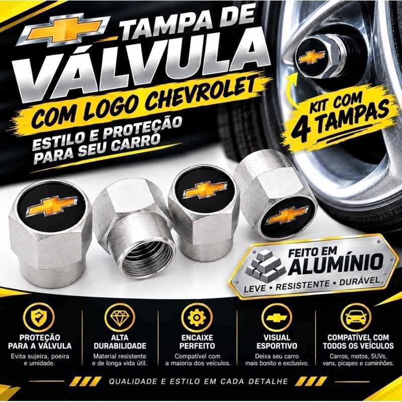Kit 4 Tampas Bico Pneu Alumínio Universal Veículos Chevrolet Onix Tracker S10 Montana Onix Plus Spin Celta
