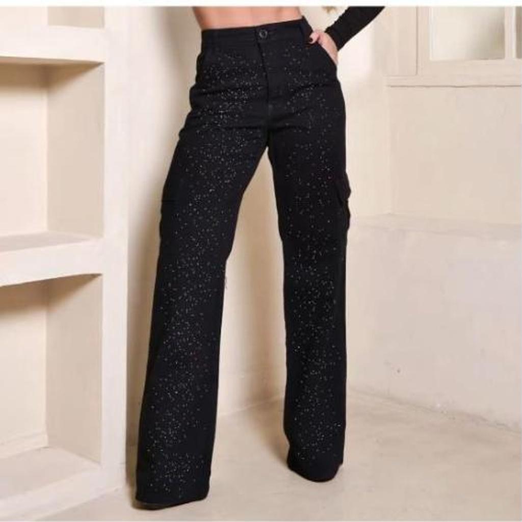 9.9 MELHOR PREÇO Calça Jeans Wide Leg Preta Cargo Com Strass Cintura Alta