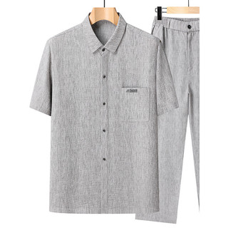 Masculino verão novo estilo Casual terno pai usar linho camisa de manga curta de duas peças solto respirável lapela topo