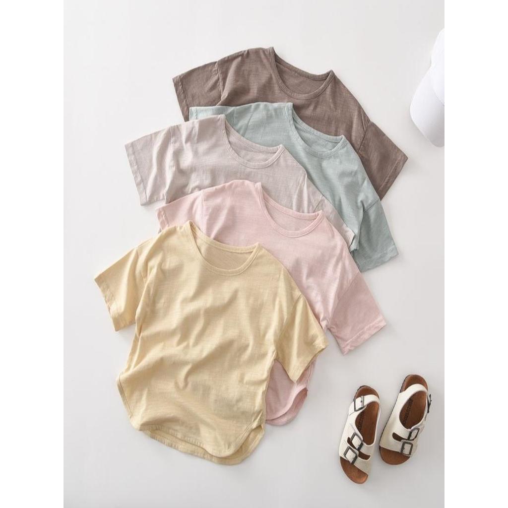 Cor sólida Slub algodão ~2026 novo estilo topo versão coreana verão crianças camiseta de manga curta meninos meninas beb