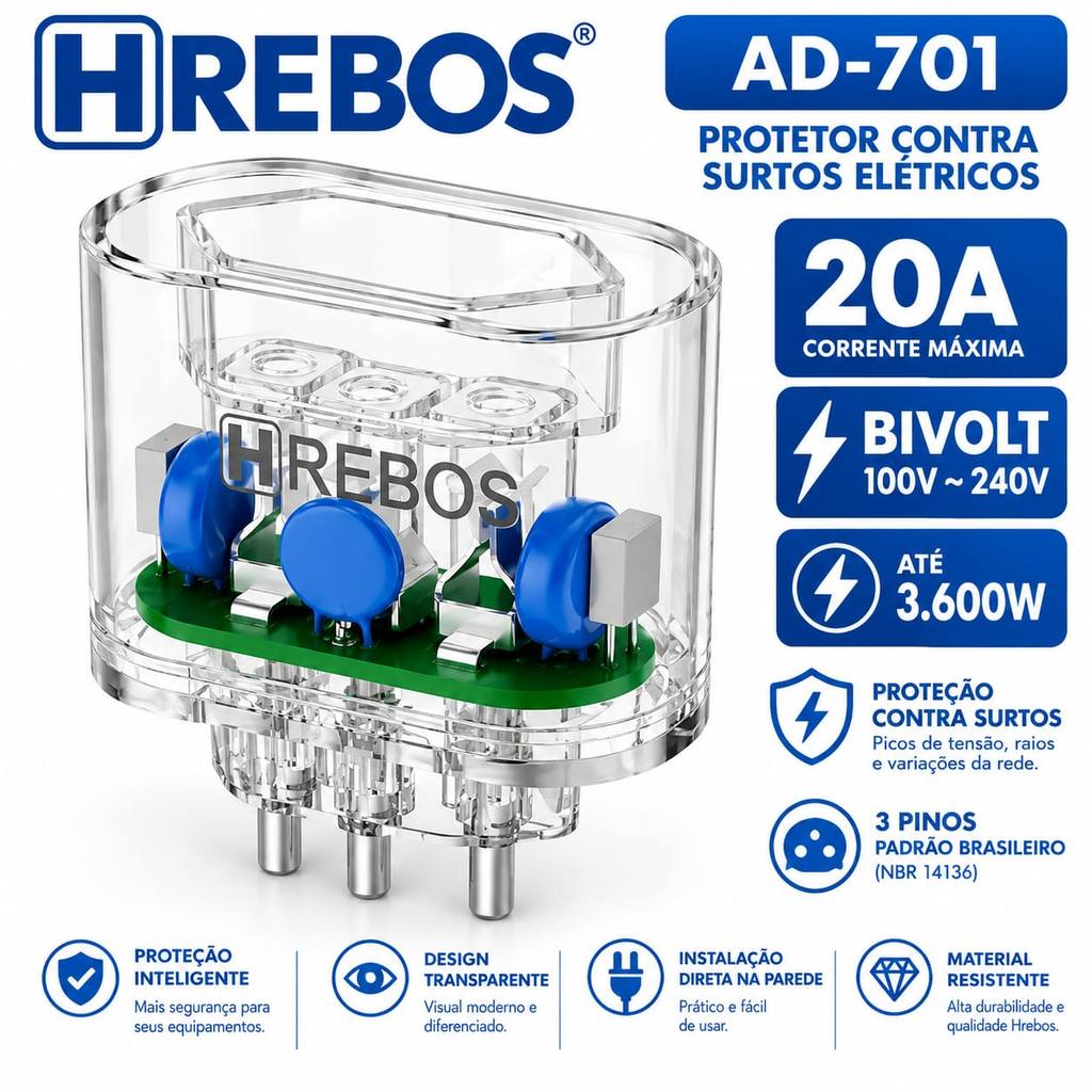 Hrebos Protetor Contra Surtos Elétricos AD-701 20A Bivolt