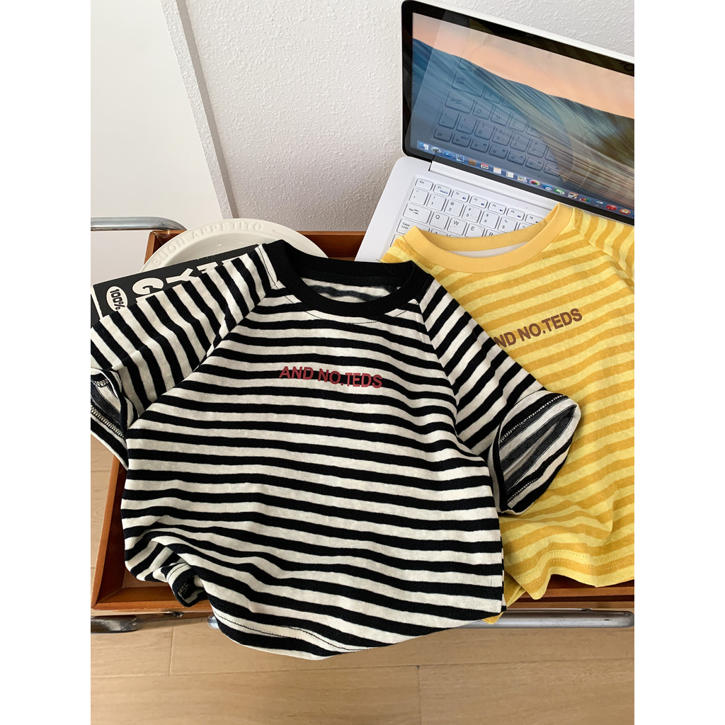 Meninos verão puro algodão de manga curta camiseta 2026 novo estilo crianças listrado em torno do pescoço manga Raglan m