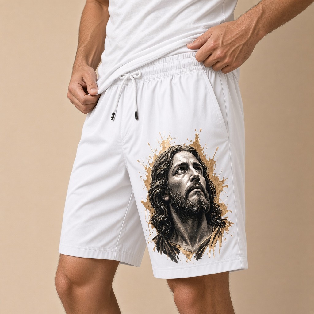 Short Moda Praia Masculino Bermuda Verão Tec Tell Jesus Olhar Cristão Católico Academia Treino Corrida Musculacao Fit