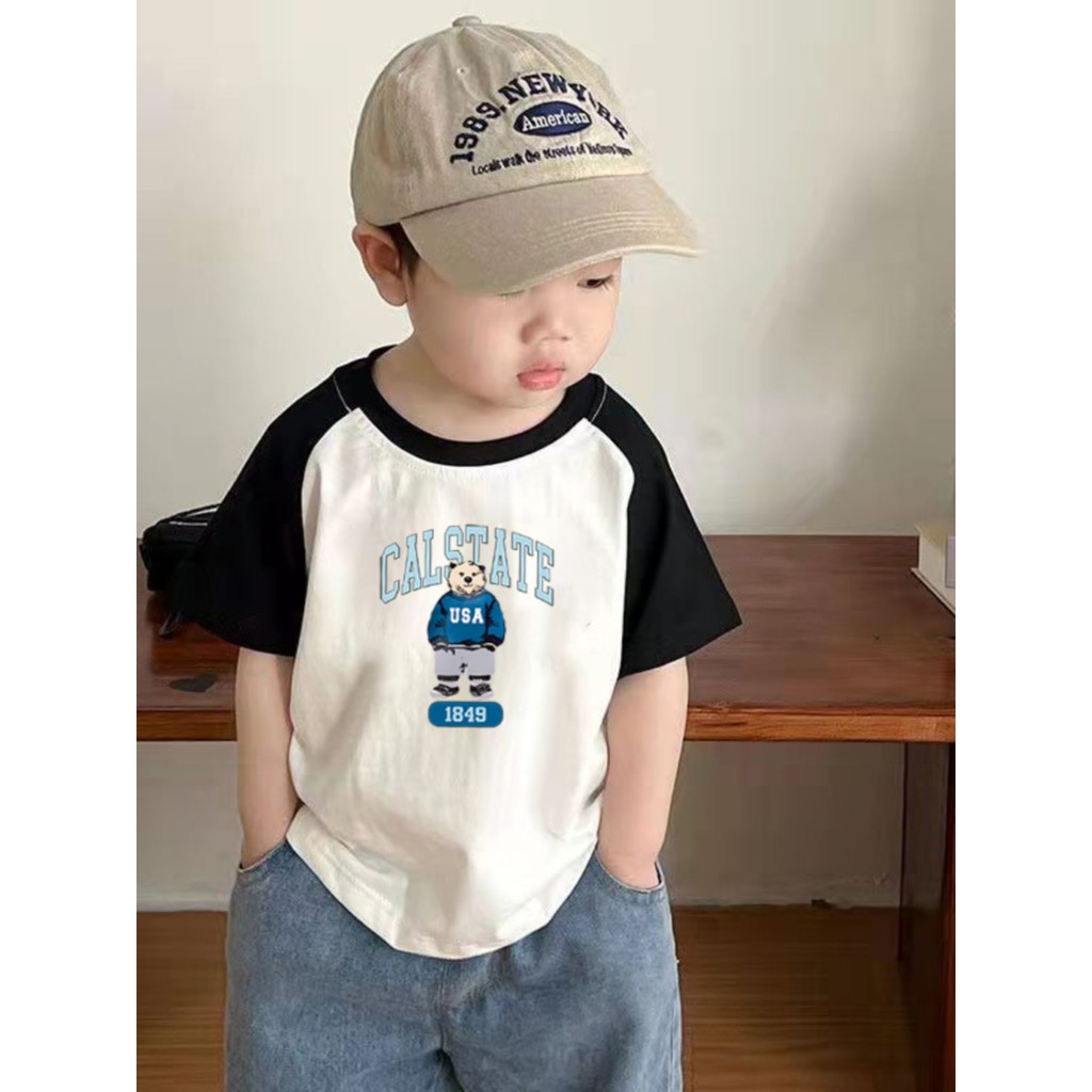 Algodão puro meninos cor combinando em torno do pescoço de manga curta camiseta verão novo estilo pequeno médio crianças
