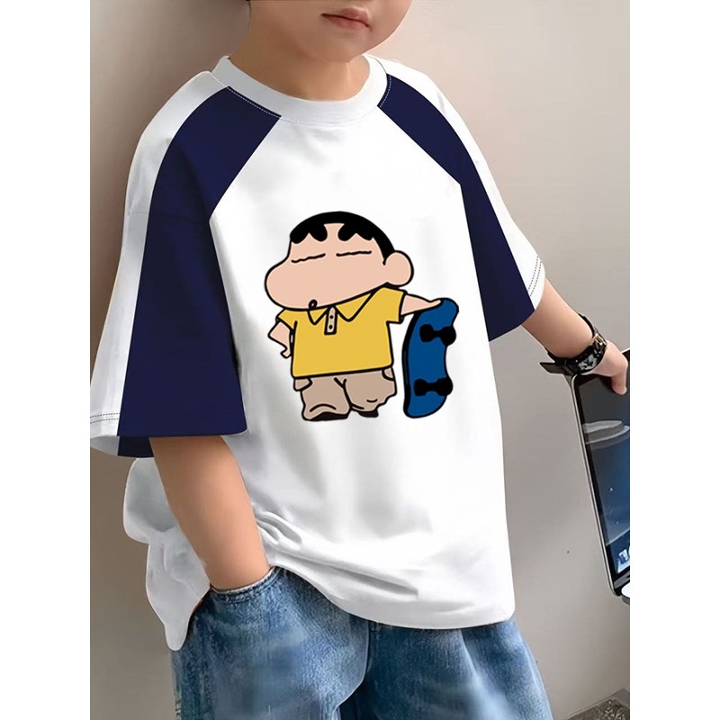 100% algodão meninos cor-bloqueando em torno do pescoço de manga curta camiseta 2026 verão médio grande crianças bebê mo