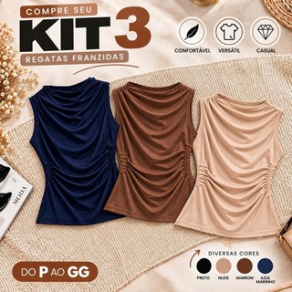 Kit 3 Blusas Feminina Regata Drapeada Assimétrica Plissada Básica Casual