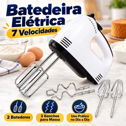 Batedeira de Mão Elétrica 7 Velocidades 110V com 4 Batedores para Bolos Ovos Chantilly e Massas