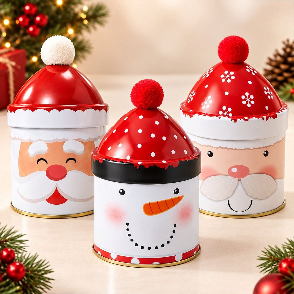Lata de Metal de Natal Redonda - Papai Noel c/ Gorro | Noel c/ Pompom | Boneco de Neve - 9x15x9cm - Presente | Decoração