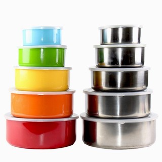 Armazenamento de armazenamento colorido caixa de manutenção fresca redonda de aço inoxidável com tampa conjunto de cinco