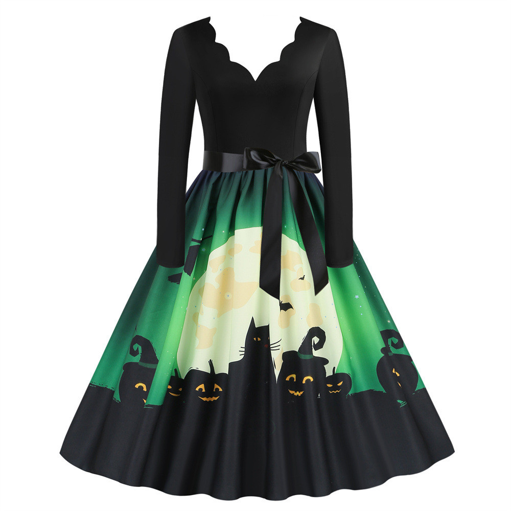 Vestido de festa de Halloween feminino com estampa de caveira, decote em V, flor queimada, manga comprida, vestido grand