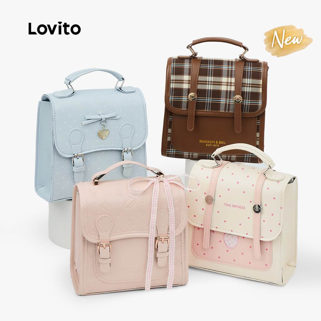 (New Arrival) Lovito Mochila De Bolinhas Com Fecho De Pressão Estilo Preppy Clássica E Versátil Pu Para Mulheres AKFB128FX016