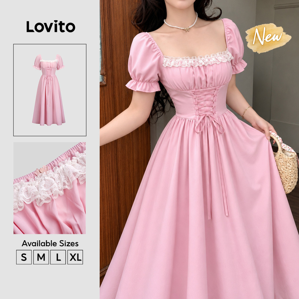 (New Arrival) Lovito Vestido Feminino Rosa Elegante Liso E De Cor Sólida Com Renda E Amarração Longo E Rodado Para Primavera E Verão Trabalho Fins De Semana E Uso Casual DRB40BR108