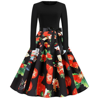 Natal Retro vestido de festa feminino em torno do pescoço manga longa impresso grande balanço vestido de comprimento méd
