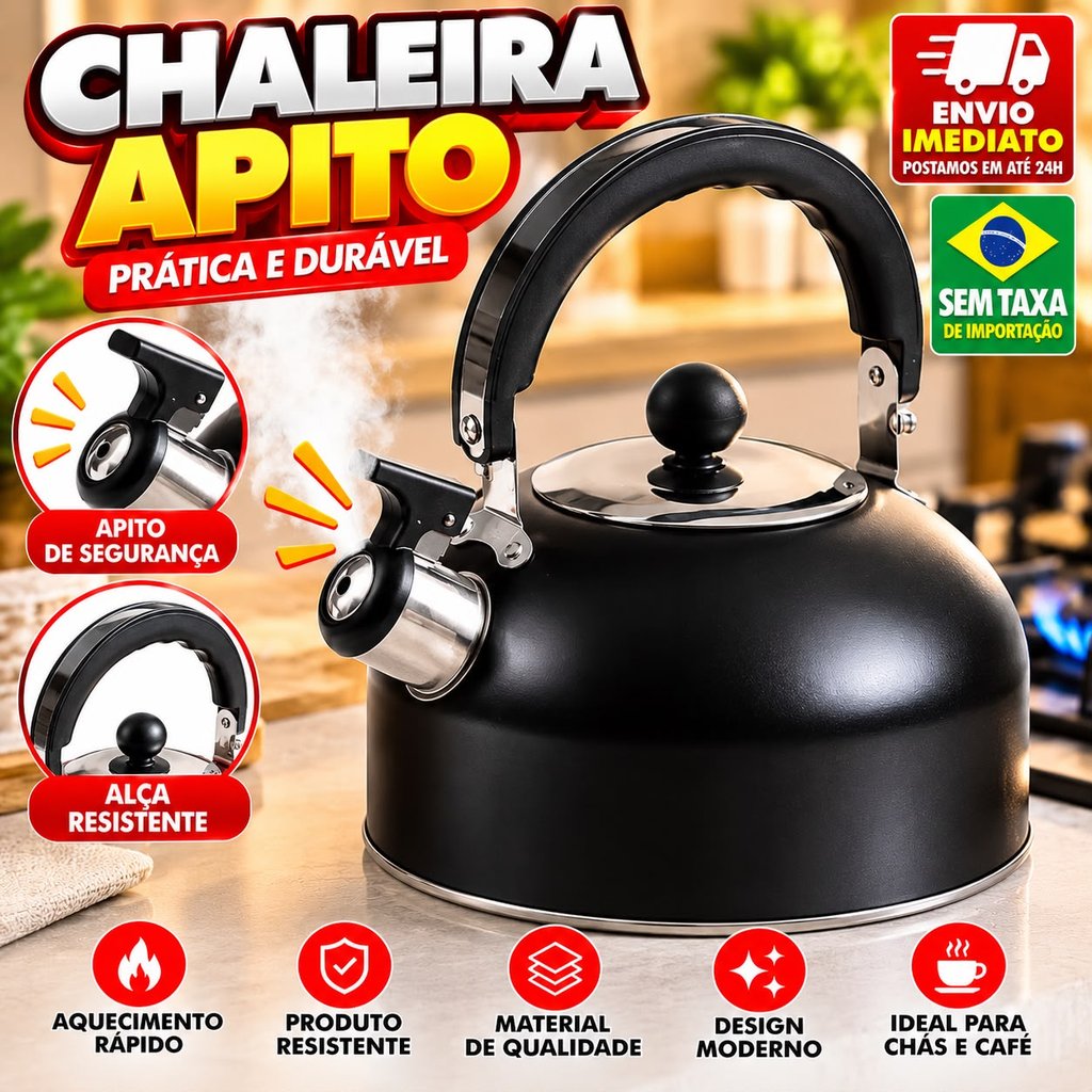Chaleira Inox 2L com Tampa Alça Térmica e Apito para Café Cha Bebidas