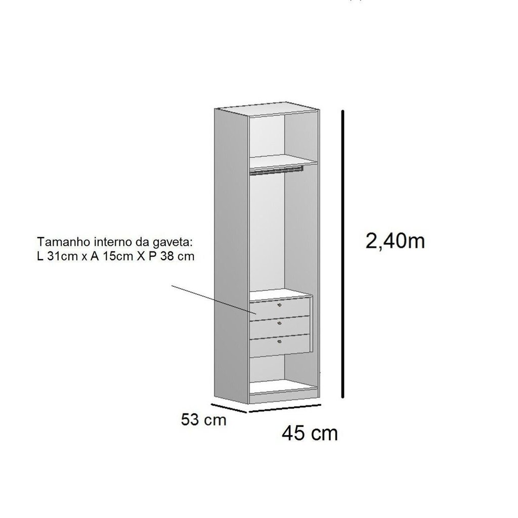 Guarda-roupa Modulado 1 Porta com Prateleiras 3 Gavetas com Cabideiros 45cm 100% MDF Trend Altezza Freijó/Off White — imagem 2 de 2