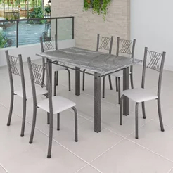 Conjunto Mesa com 6 Cadeiras Tampo de Granito Topázio Sara Yescasa Prata/Branco Liso/Mart Branco/Prata