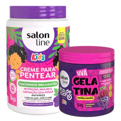 Kit Salon Line Kids Creme Pentear Cachinhos Cheirinho Uva 1kg + Gelatina Modeladora Uva 550g