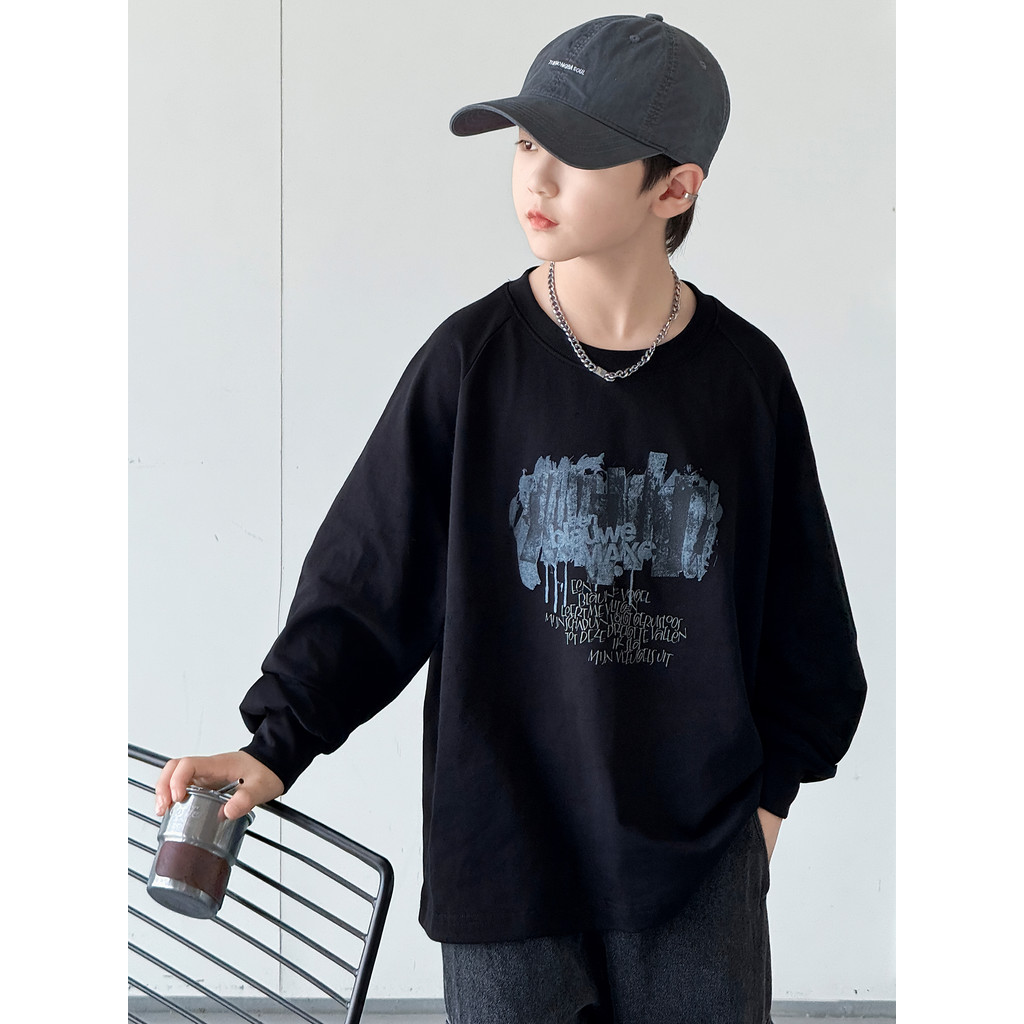 Meninos camiseta de manga comprida em torno do pescoço carta impressa solta puro algodão camisa de fundo Casual topo méd