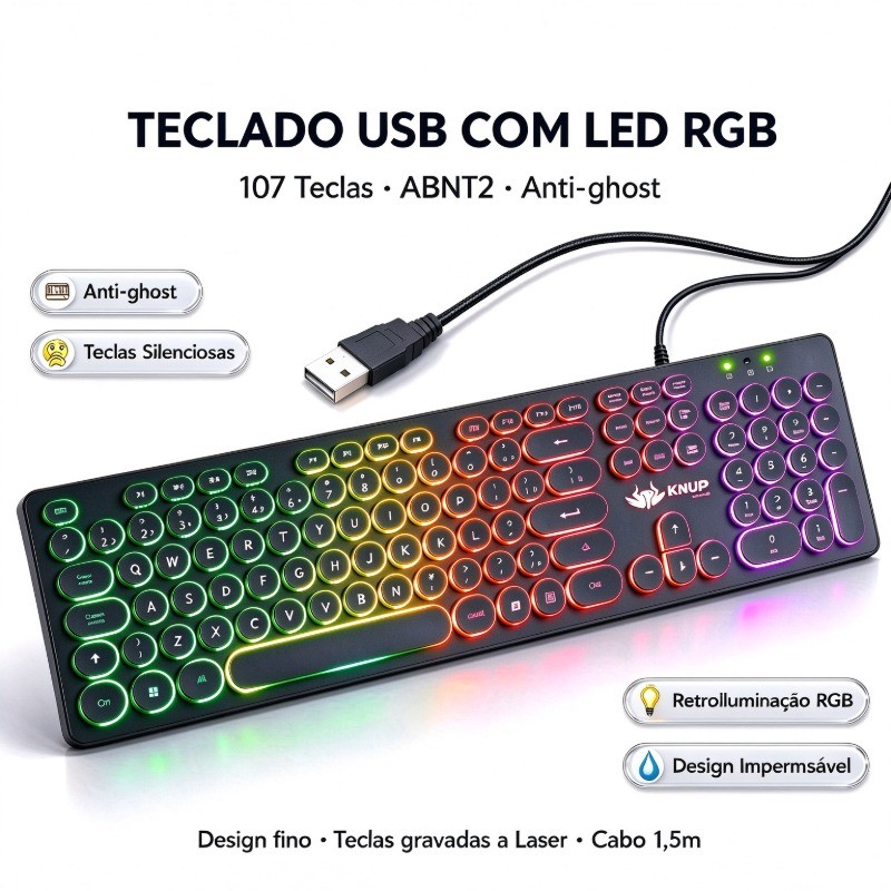Teclado gamer USB 107 teclas, formato arredondado, ABNT2