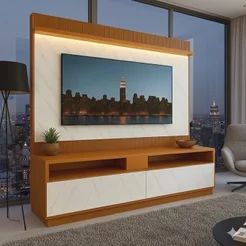 Rack Painel Ripado para TV até 70 Polegadas com LED 182cmx172cm Liso Rio Marrom Madeirado/Mármore Freijó/Off White