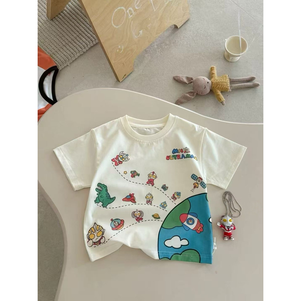 Crianças foguete colisão homem gelo-pense algodão camiseta sem sensação impressão Digital dos desenhos animados bege ver