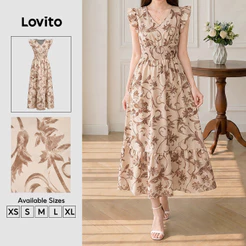 Lovito Vestido Caqui Elegante Floral Com Babado Smocked E Drapeado Longo Aline Para Primavera/Verão Trabalho Mulheres DRB201P1D268
