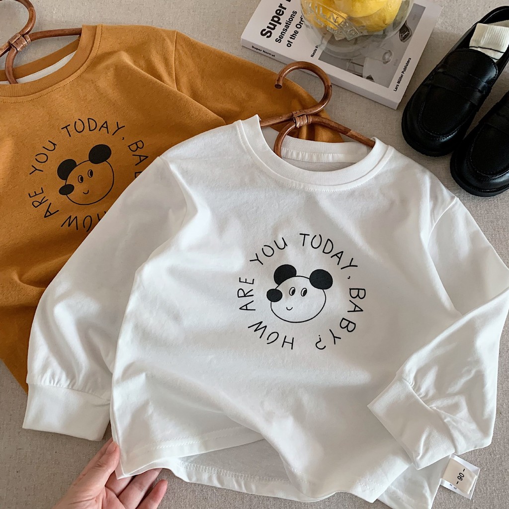 Crianças versão coreana dos desenhos animados impresso manga comprida camiseta meninos meninas em torno do pescoço camis