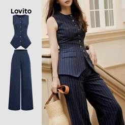 Lovito Elegante Tops ou Bottoms Padrão Botão Frontal Tops ou Bottoms de Primavera/verão Listrada para Mulheres L178LD1568