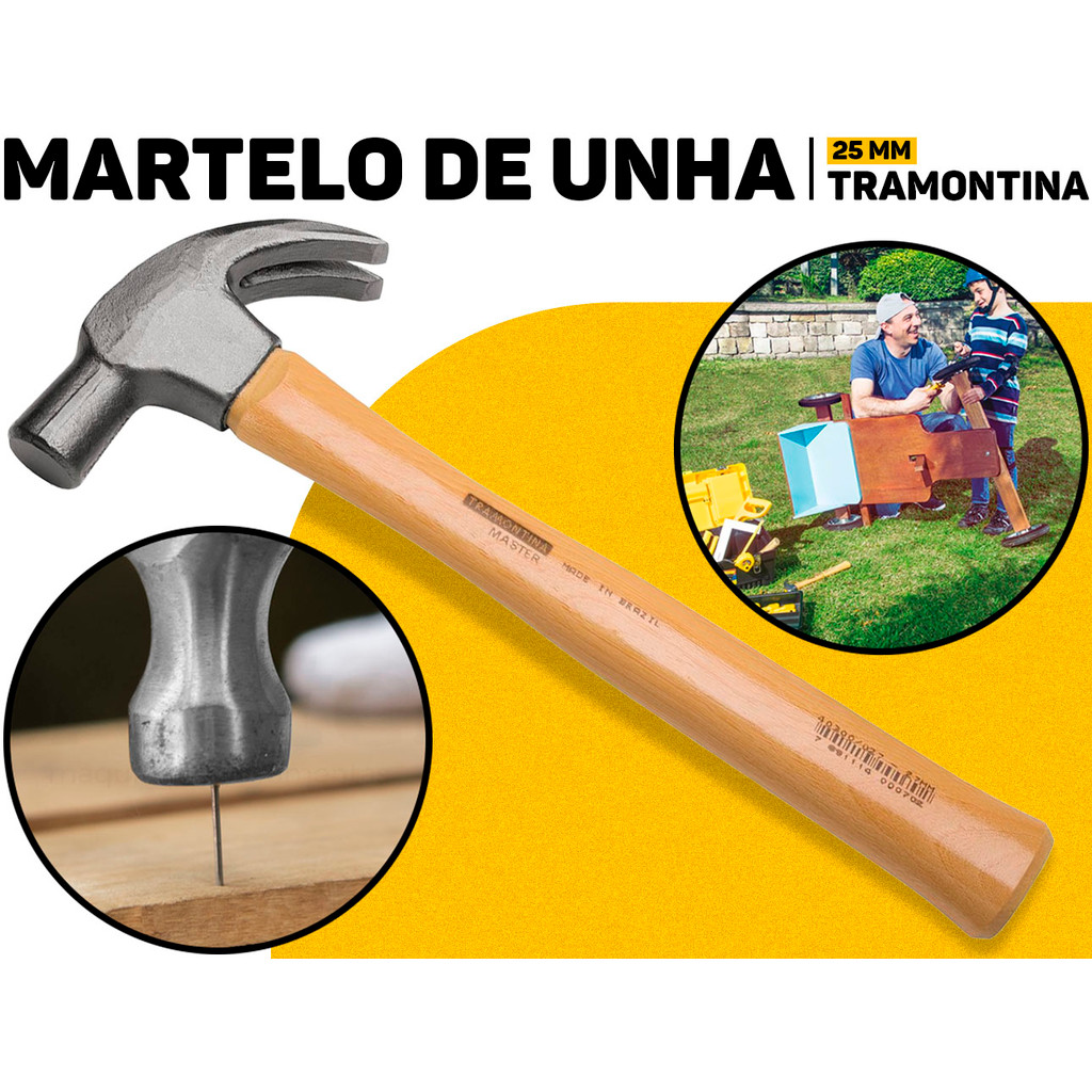 Martelo De Unha 25mm Tramontina Master Cabo Madeira Resistente P/Obras Reparos Uso Doméstico Reforma
