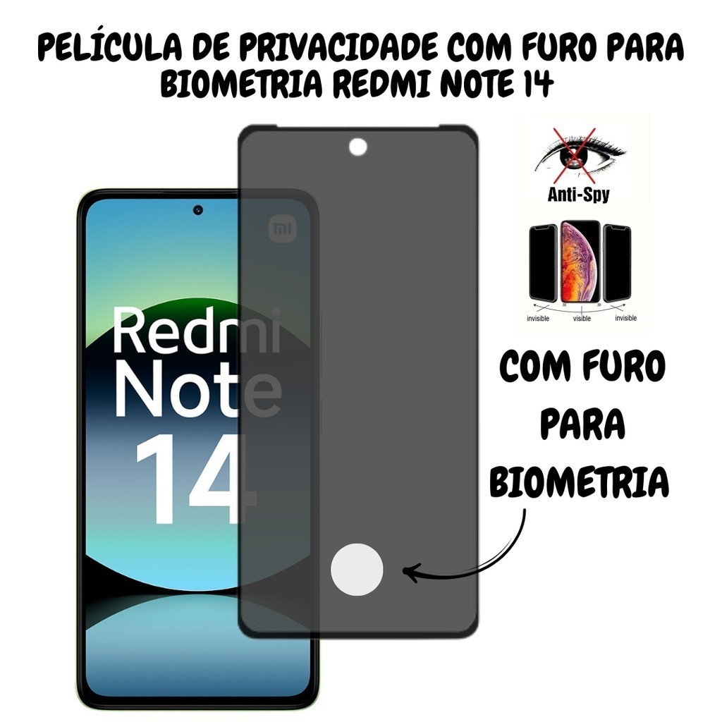 Película Privacidade Vidro 3D Para Redmi Note 14 4G / 5G - Com Furo Para Biometr