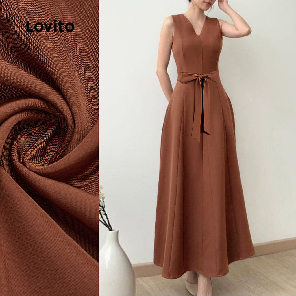 (NEW) Lovito Vestido Elegante com Cinto Primavera/verão Marrom para mulheres LBL28336 em Oferta na Shopee