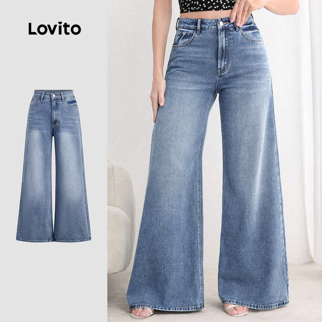 Lovito Cintura Alta Calça Jeans Casual Clássica Versátil Bolsos Lavagem Especial Todas As Estações Calça Jeans Azul Mulher L149ED547