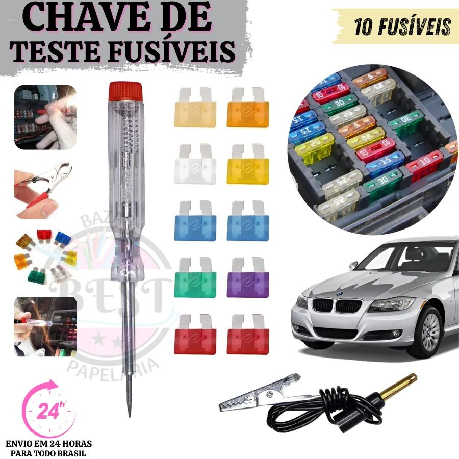 Kit Fusíveis Com 10 Fusíveis & Chave Teste De Automóvel Caneta De Medição Elétrico Circuito Digital