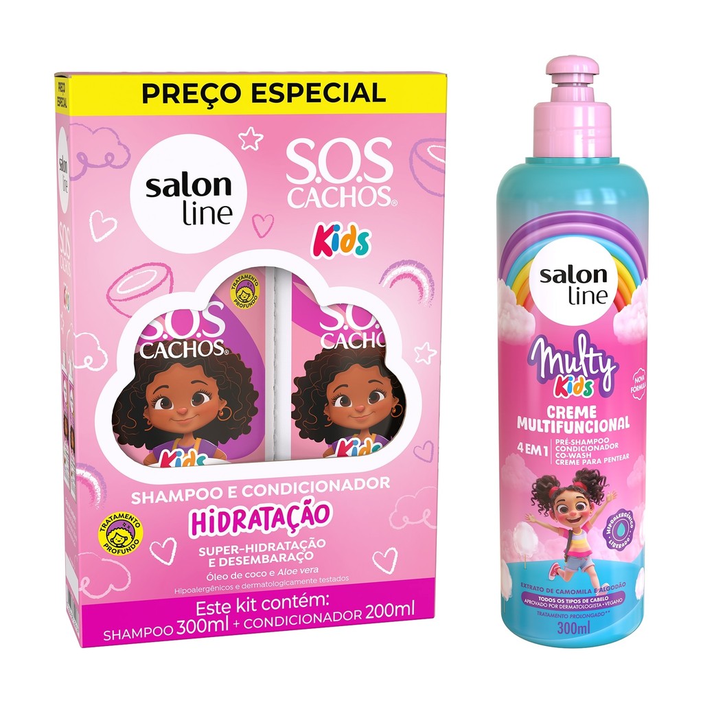 Kit SOS Cachos Hidratação com Shampoo + Condicionador e Creme Multy Kids