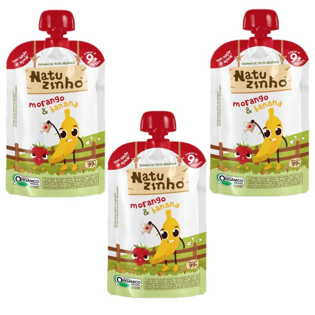 Kit Com 3 Papinhas Natuzinho Orgânica Morango e Banana 6m+