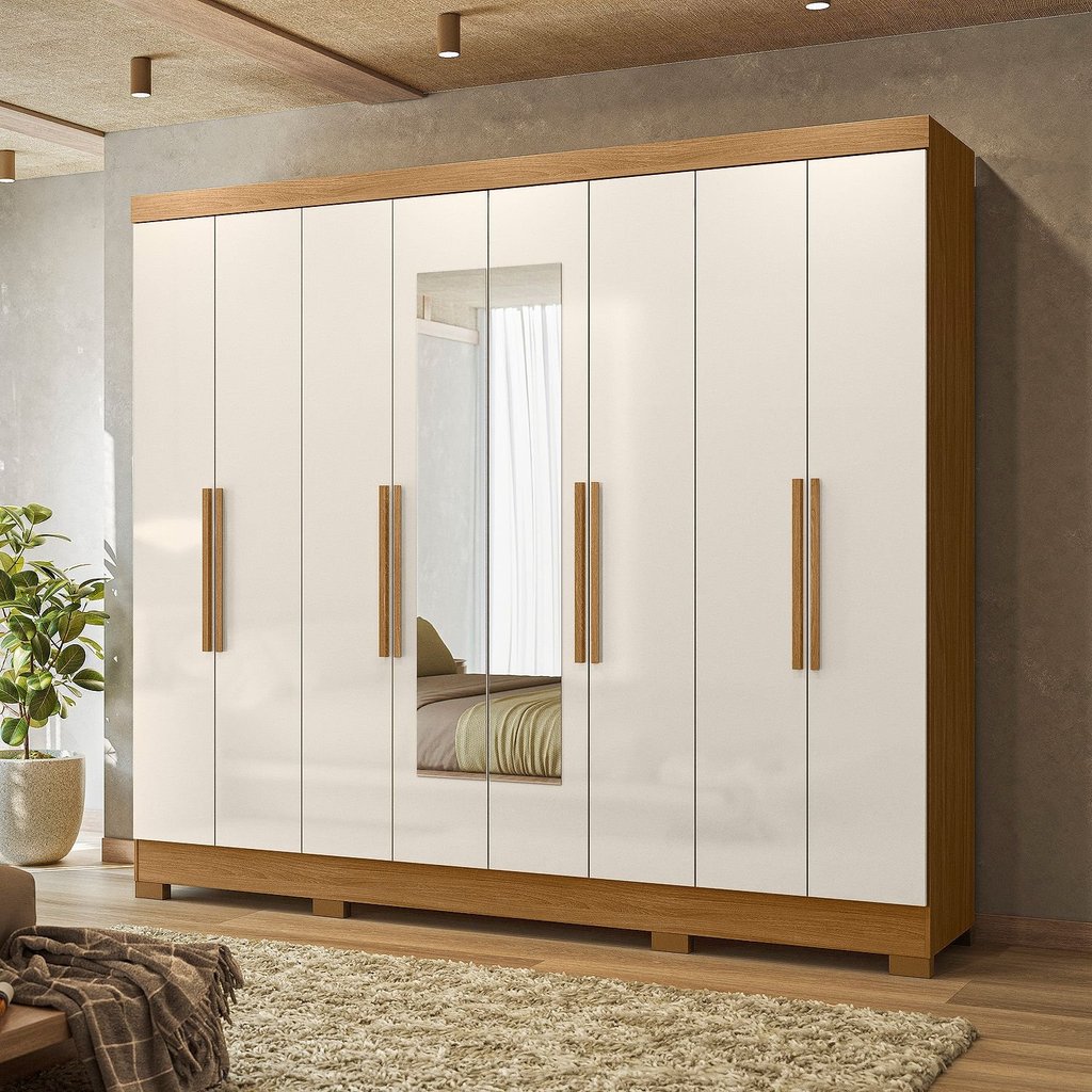 Guarda-roupa Casal 8 Portas 4 Gavetas Com Espelhos e Pés Diplomata Freijó/Off White em Oferta na Shopee