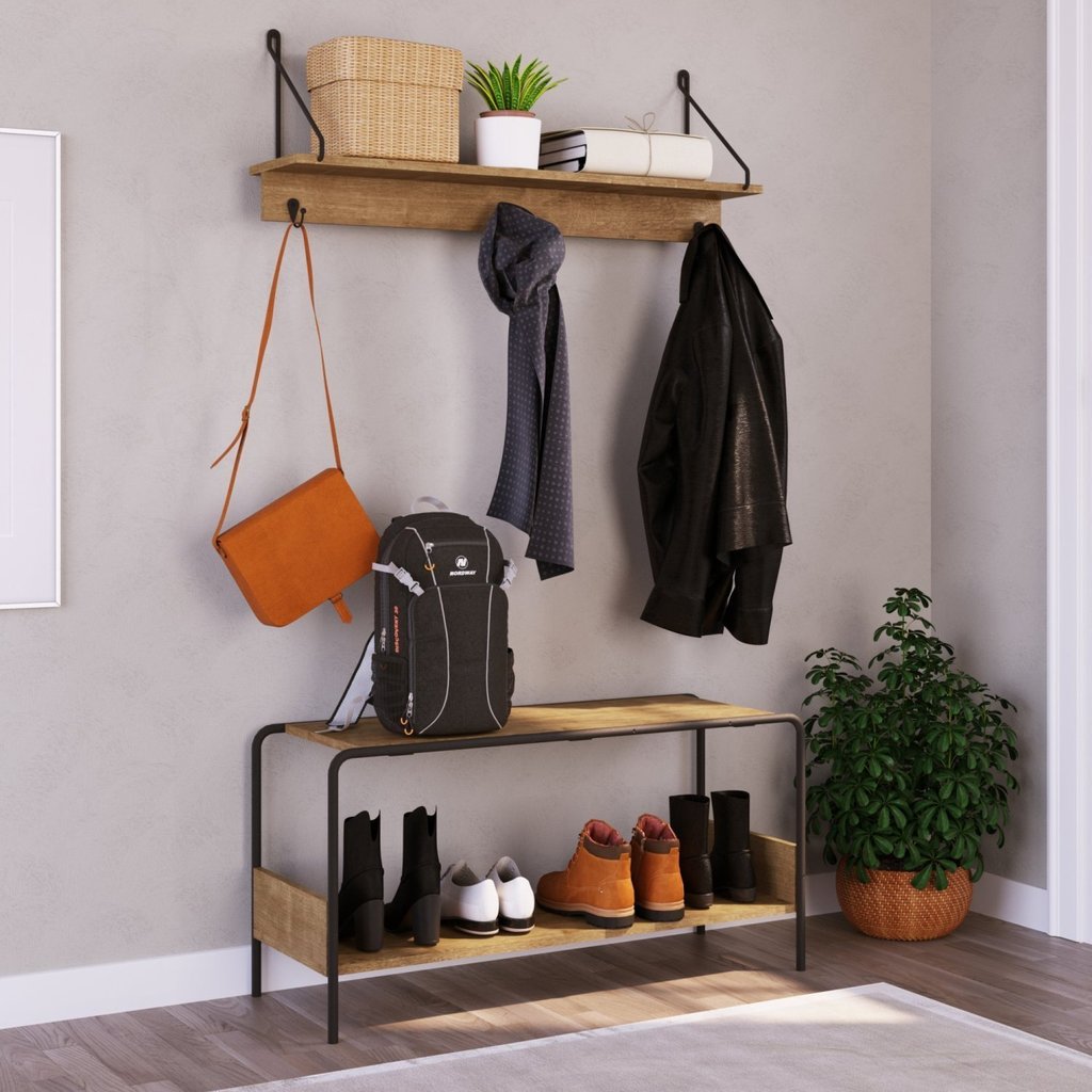 Conjunto Prateleira Decorativa com Sapateira banco Industrial em Oferta na Shopee