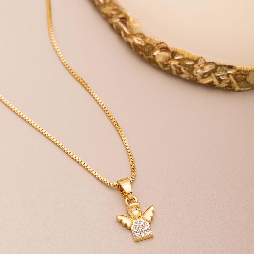 Colar Anjinho Dourado com Zircônias – Proteção e Elegância - Banhado Ouro 18 K