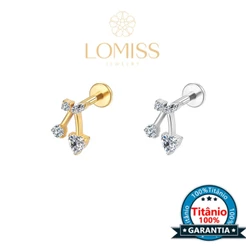 Piercing Orelha Labret Titânio Pvd Cereja 2 Zircônias Cravejado Para Helix Conch