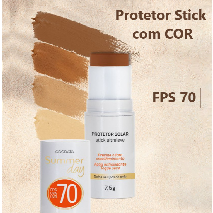 Protetor Solar Stick com Cor FPS 70 Odorata Ultraleve Antienvelhecimento e Resistente á Água e ao Suor 7,5g